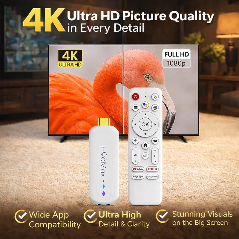 H96 MAX M20 L3 Android 14 TV Stick 4K HDR Streaming Media Player with Google Voice Assistant 2GB + 16GB - White