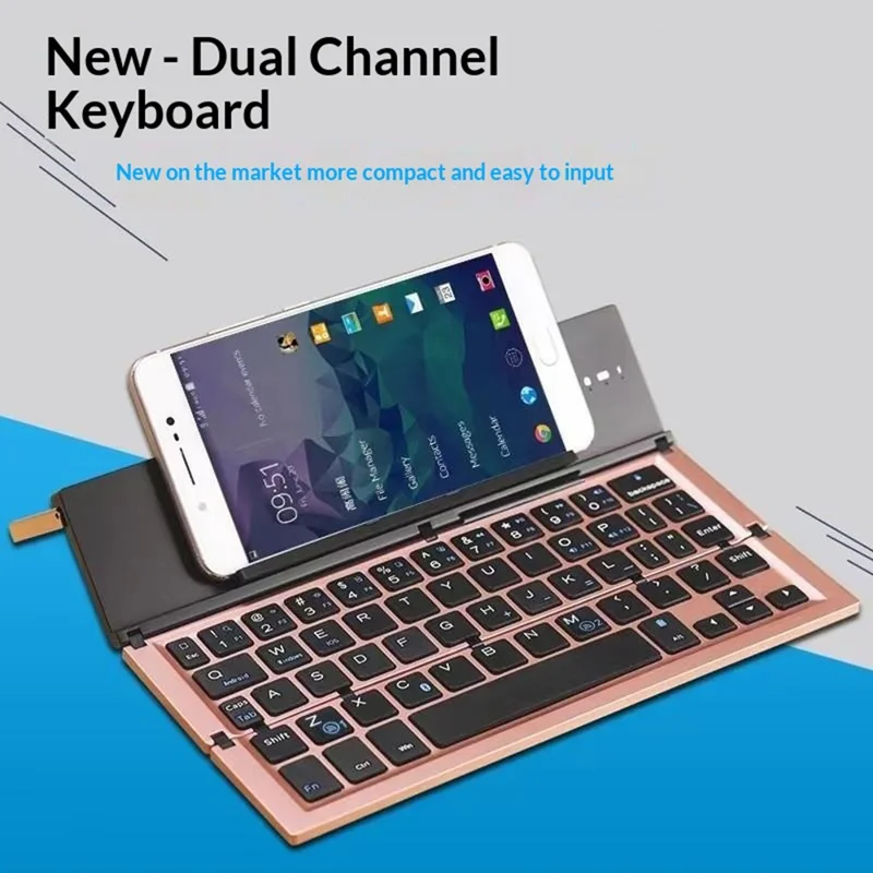 608 Tri-Fold Bluetooth-Compatible Keyboard Dual Channel Aluminum Alloy Keyboard for iOS Android - Rose Gold