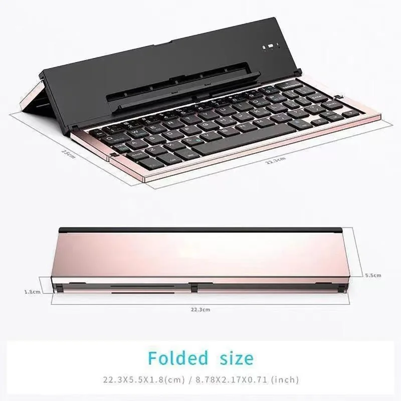 608 Tri-Fold Bluetooth-Compatible Keyboard Dual Channel Aluminum Alloy Keyboard for iOS Android - Rose Gold