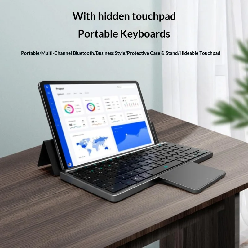 KF 8700 Wireless Bluetooth-Compatible Keyboard Foldable Touchpad Keyboard with Leather Case - Black