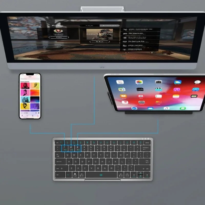 KF 8700 Wireless Bluetooth-Compatible Keyboard Foldable Touchpad Keyboard with Leather Case - Black