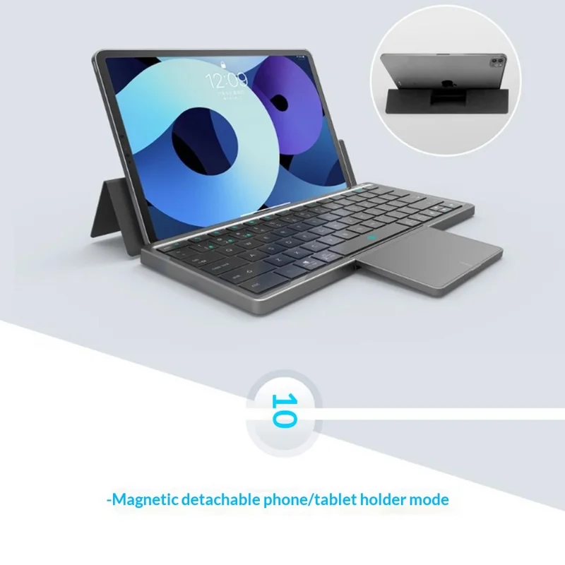 KF 8700 Wireless Bluetooth-Compatible Keyboard Foldable Touchpad Keyboard with Leather Case - Silver