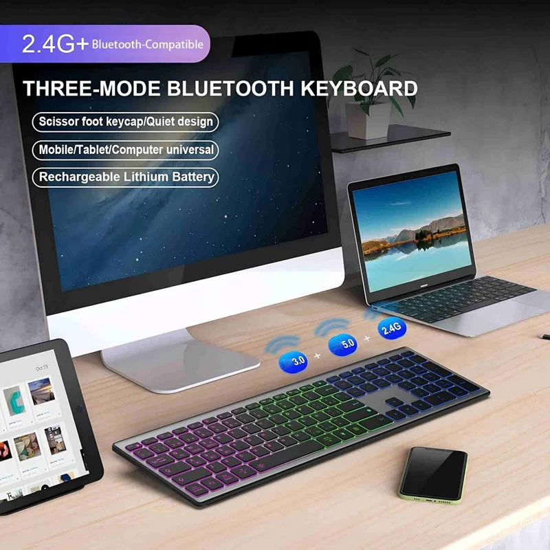 E15 Three Mode Wireless Keyboard 110 Keys RGB Backlight Mute Keyboard for Office Home Use - Black