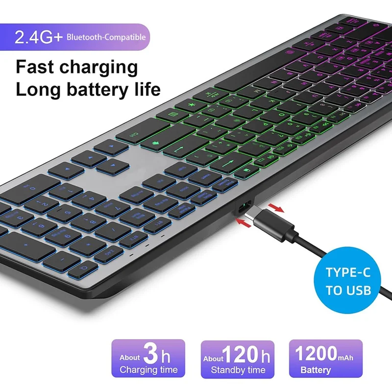 E15 Three Mode Wireless Keyboard 110 Keys RGB Backlight Mute Keyboard for Office Home Use - Black