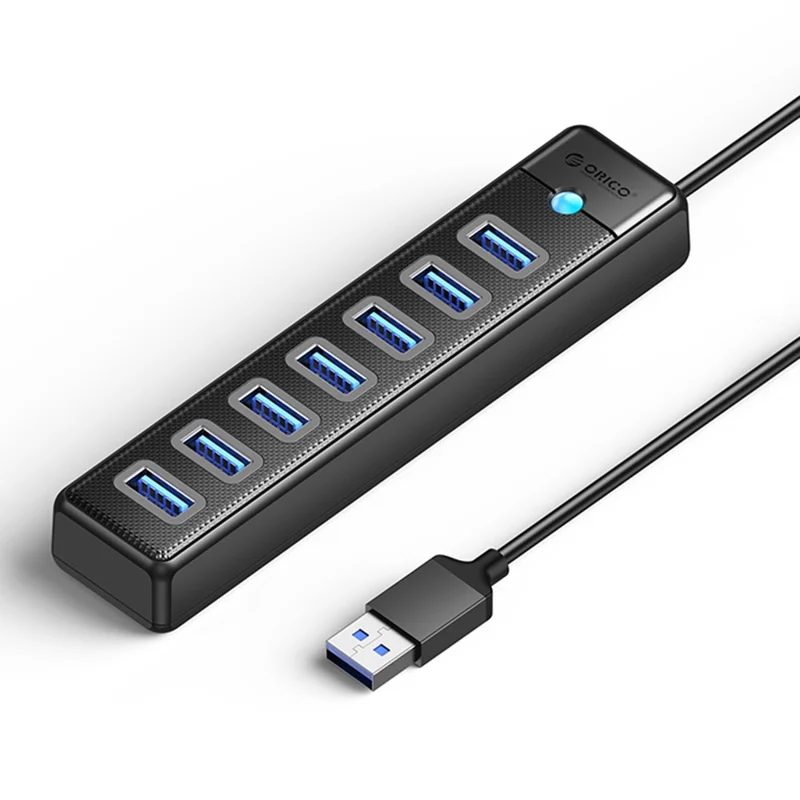 ORICO PW7U-U3 7-Port-USB-3.0-Hub 5 Gbps Datenübertragung mit Stromversorgungsanschluss 15 cm Kabellänge – Schwarz