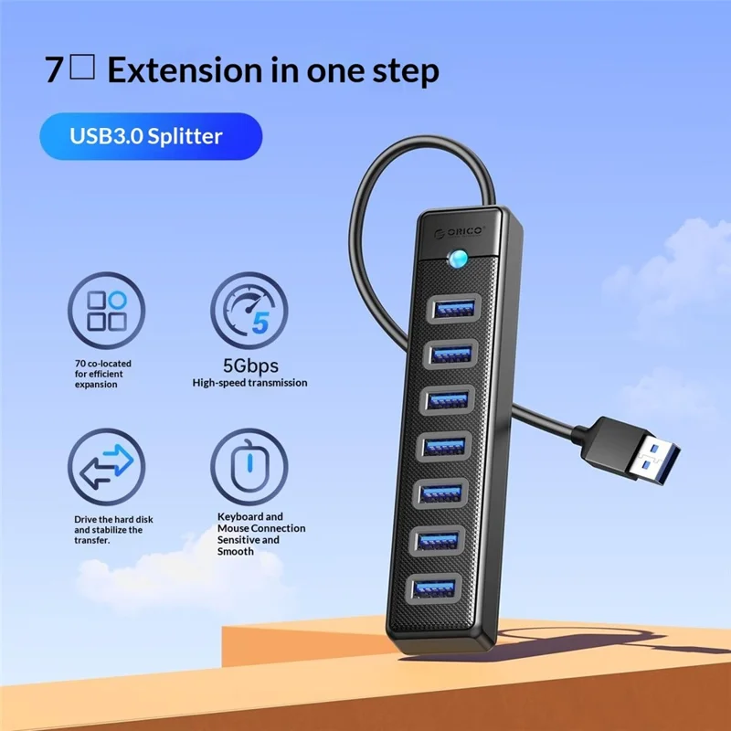 ORICO PW7U-U3 7-Port-USB-3.0-Hub 5 Gbps Datenübertragung mit Stromversorgungsanschluss 15 cm Kabellänge – Schwarz