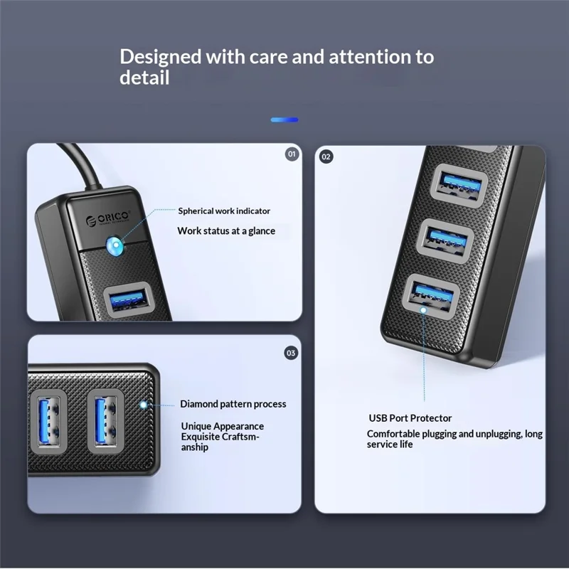ORICO PW7U-U3 7-Port-USB-3.0-Hub 5 Gbps Datenübertragung mit Stromversorgungsanschluss 15 cm Kabellänge – Schwarz