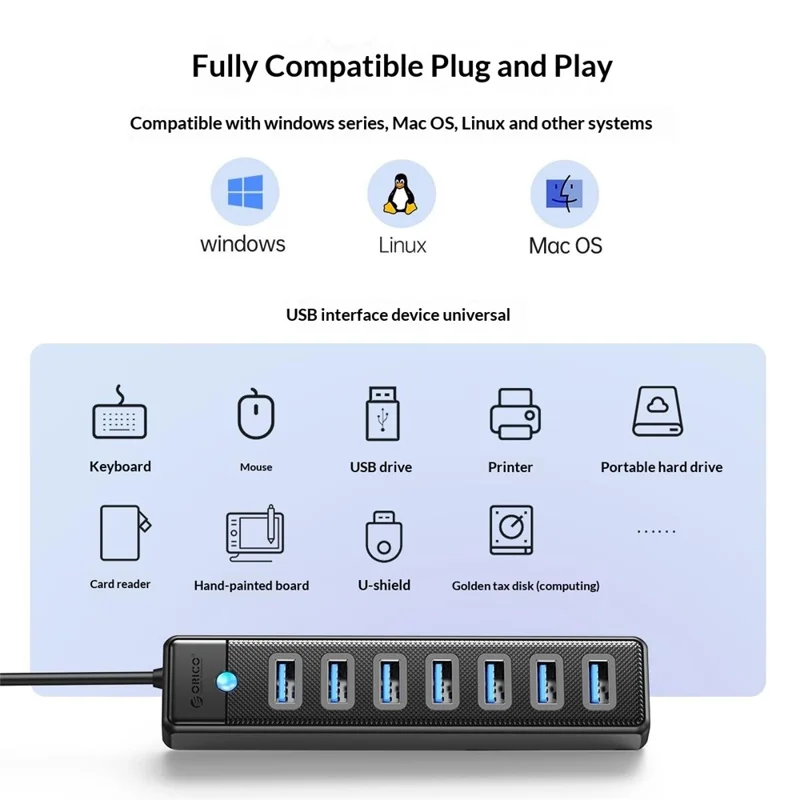 ORICO PW7U-U3 7-Port-USB-3.0-Hub 5 Gbps Datenübertragung mit Stromversorgungsanschluss 15 cm Kabellänge – Schwarz