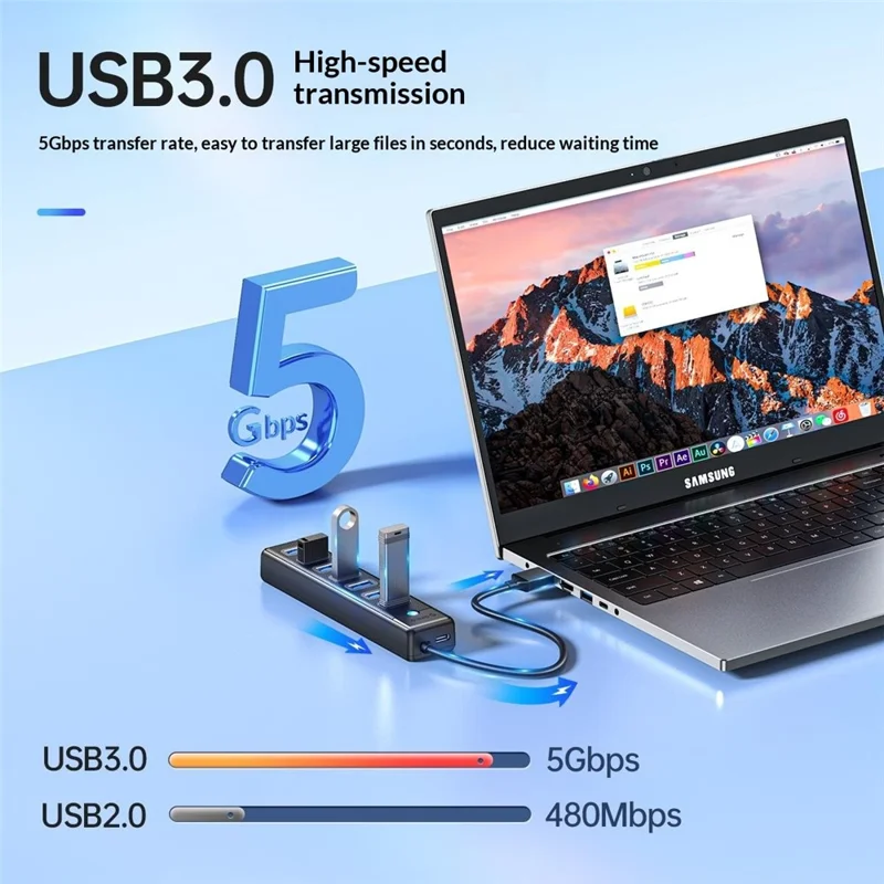 ORICO PW7U-U3 7-Port-USB-3.0-Hub 5 Gbps Datenübertragung mit Stromversorgungsanschluss 15 cm Kabellänge – Schwarz