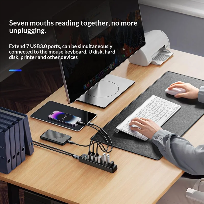ORICO PW7U-U3 7-Port-USB-3.0-Hub 5 Gbps Datenübertragung mit Stromversorgungsanschluss 1 m Kabellänge – Schwarz