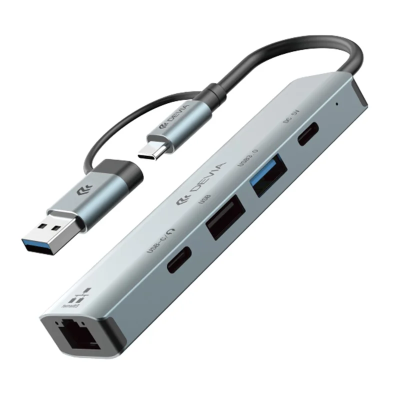 DEVIA Pro2 5 in 1 Hub USB + Type-C to RJ45 / USB 3.0 / USB 2.0 / Dual Type-C Expansion Dock for Laptop / Tablet / Phone - Dark Grey