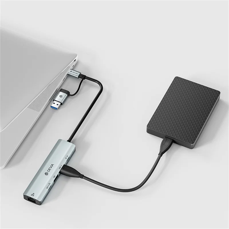 DEVIA Pro2 5 in 1 Hub USB + Type-C to RJ45 / USB 3.0 / USB 2.0 / Dual Type-C Expansion Dock for Laptop / Tablet / Phone - Dark Grey