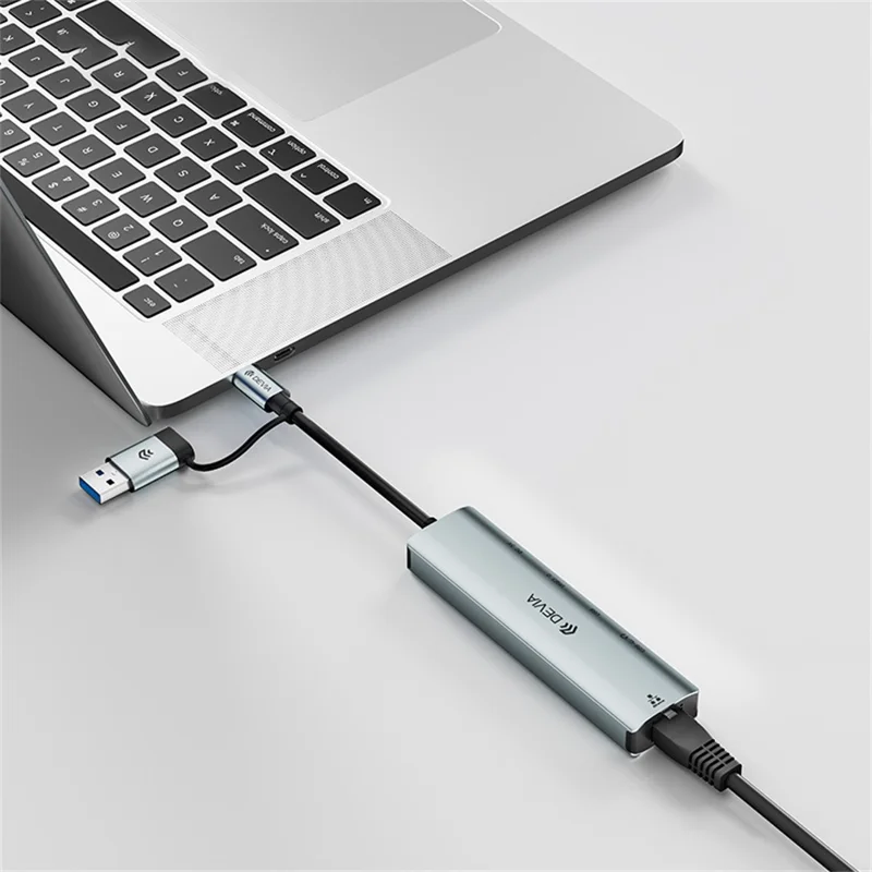 DEVIA Pro2 5 in 1 Hub USB + Type-C to RJ45 / USB 3.0 / USB 2.0 / Dual Type-C Expansion Dock for Laptop / Tablet / Phone - Dark Grey