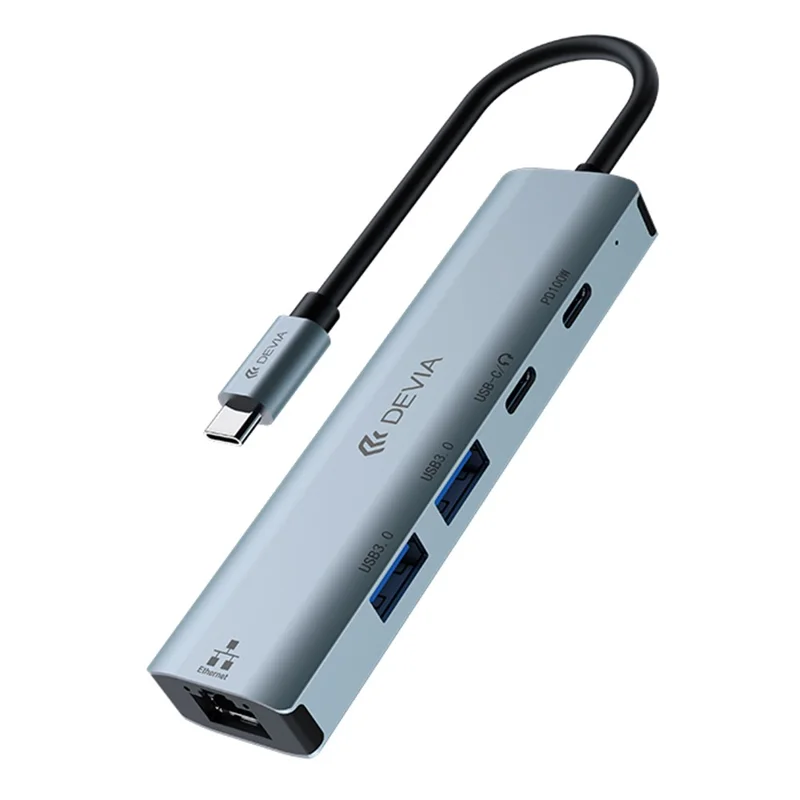 DEVIA Hub 5 en 1 Type-C vers USB x 2 + Type-C + PD 100 W + RJ45, station d'extension multifonction - Gris foncé