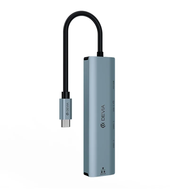 DEVIA Hub 5 en 1 Type-C vers USB x 2 + Type-C + PD 100 W + RJ45, station d'extension multifonction - Gris foncé