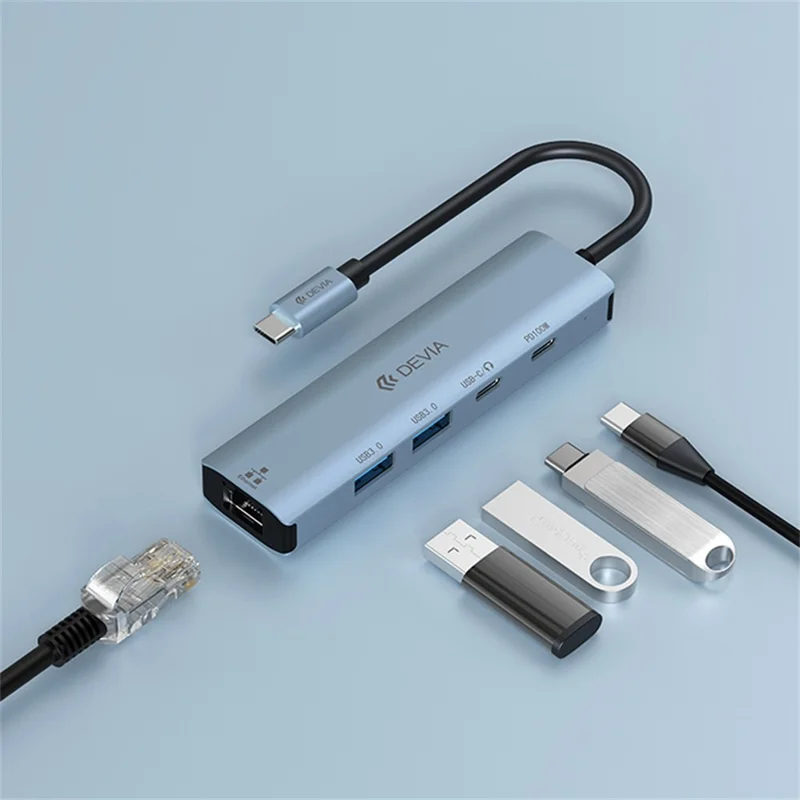 DEVIA Hub 5 en 1 Type-C vers USB x 2 + Type-C + PD 100 W + RJ45, station d'extension multifonction - Gris foncé
