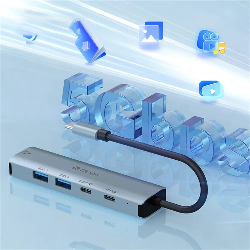 DEVIA Hub 5 en 1 Type-C vers USB x 2 + Type-C + PD 100 W + RJ45, station d'extension multifonction - Gris foncé