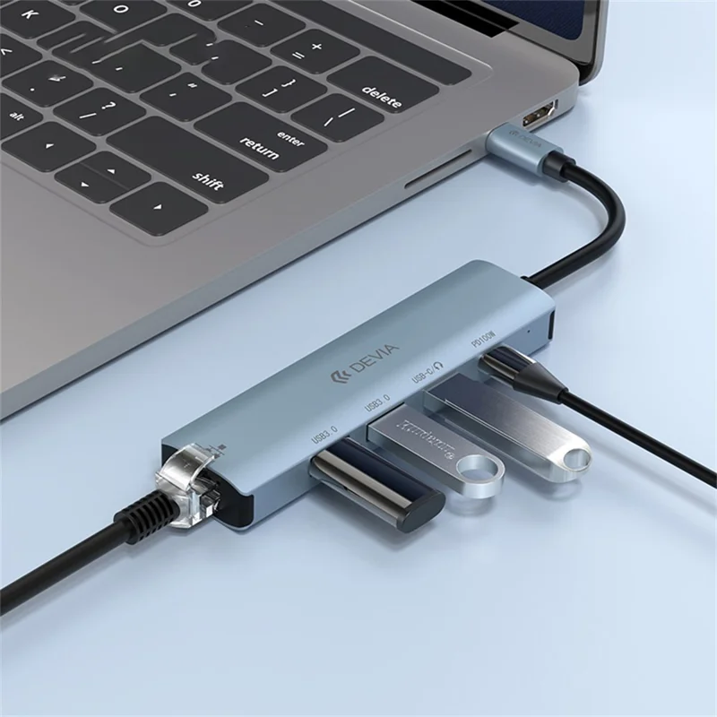 DEVIA Hub 5 en 1 Type-C vers USB x 2 + Type-C + PD 100 W + RJ45, station d'extension multifonction - Gris foncé