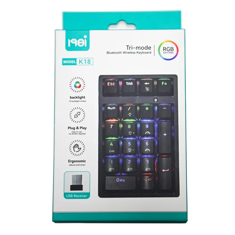 K18 21 клавиша RGB Механическая цифровая клавиатура Bluetooth-совместимая 3-режимная беспроводная клавиатура - Черная