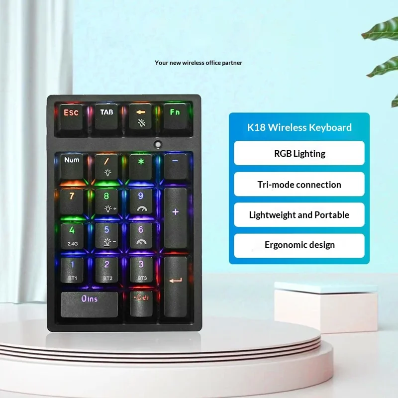 K18 21 клавиша RGB Механическая цифровая клавиатура Bluetooth-совместимая 3-режимная беспроводная клавиатура - Черная
