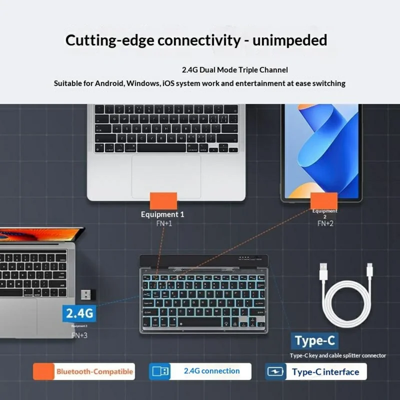 KB338 Bluetooth-compatible Keyboard Wireless Transparent Triple Mode Foldable Keyboard for Computer Tablet - Black