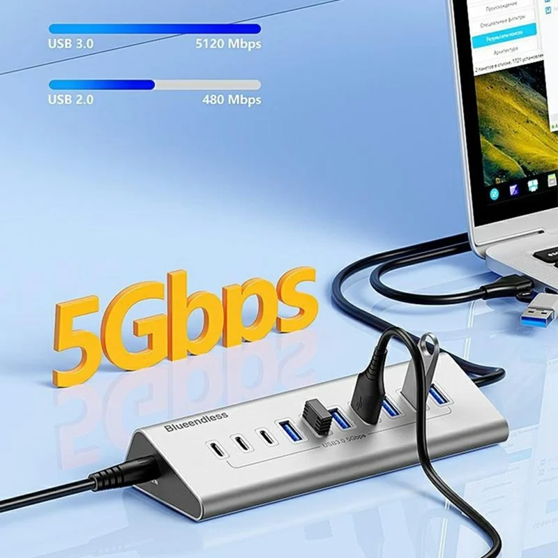 BLUEENDLESS HU105C 5Gbps USB 3.0 Hub 2 in 1 USB-A / USB-C to 7 USB-A + 3 USB-C Aluminum Alloy Docking Station