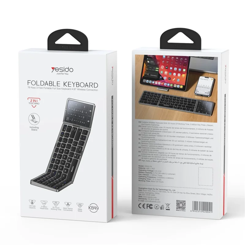 YESIDO KB49 Tri-fold Wireless Bluetooth-compatible Keyboard with Touchpad Numeric Keypad Keyboard for Phone Tablet PC - English
