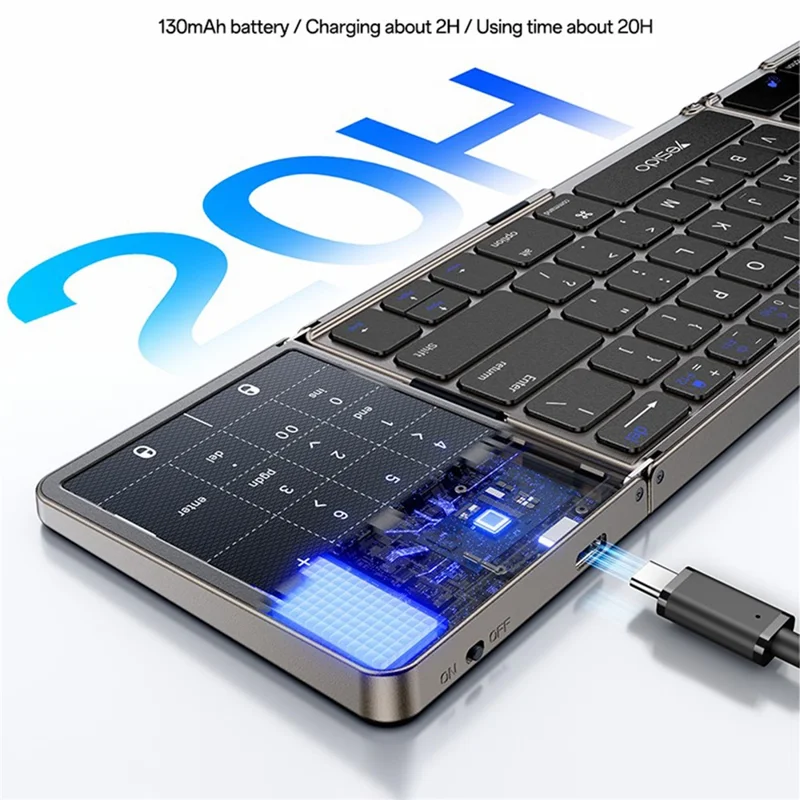 YESIDO KB49 Tri-fold Wireless Bluetooth-compatible Keyboard with Touchpad Numeric Keypad Keyboard for Phone Tablet PC - English