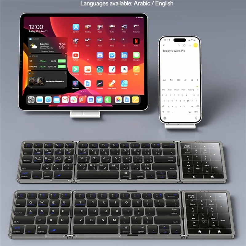 YESIDO KB49 Tri-fold Wireless Bluetooth-compatible Keyboard with Touchpad Numeric Keypad Keyboard for Phone Tablet PC - English