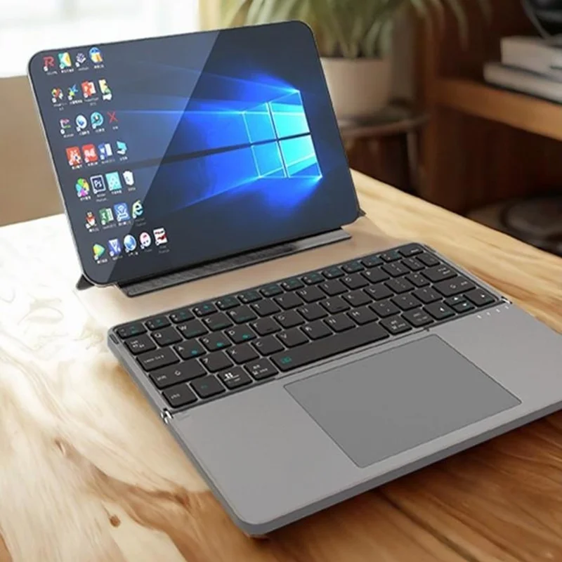 IBOX 11 Bluetooth-compatible Keyboard Foldable Leather Case Stand with Touchpad Wireless Keyboard for Tablet - Grey