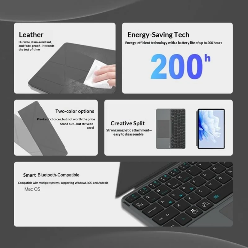 IBOX 11 Bluetooth-compatible Keyboard Foldable Leather Case Stand with Touchpad Wireless Keyboard for Tablet - Grey
