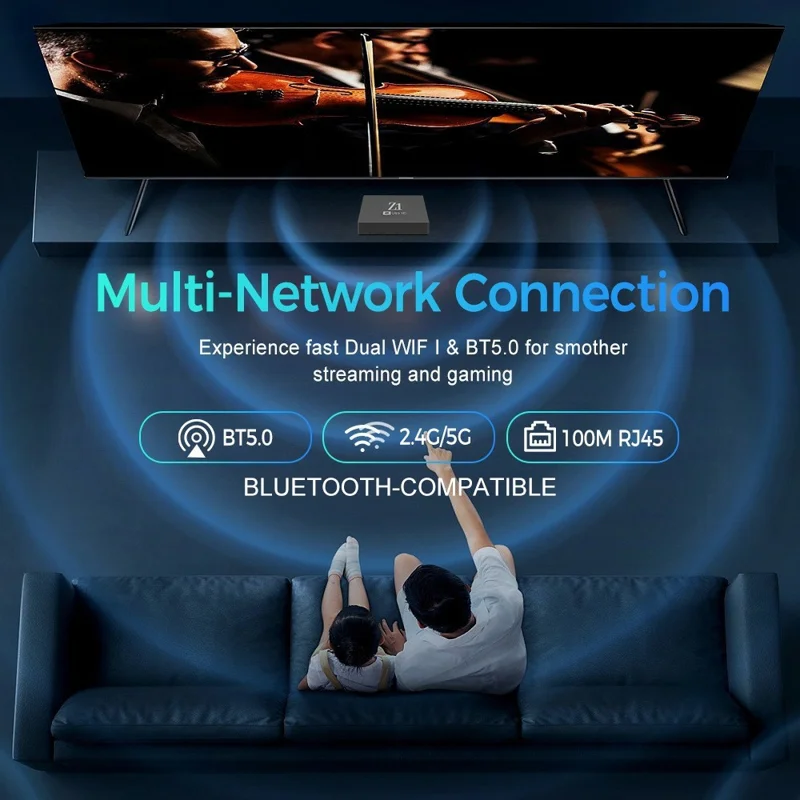 Z1 2+16GB Android 15.0 TV Box 4K Ultra HD WiFi 6 Dual Band 2.4G / 5G Bluetooth-compatible Voice Remote - Black