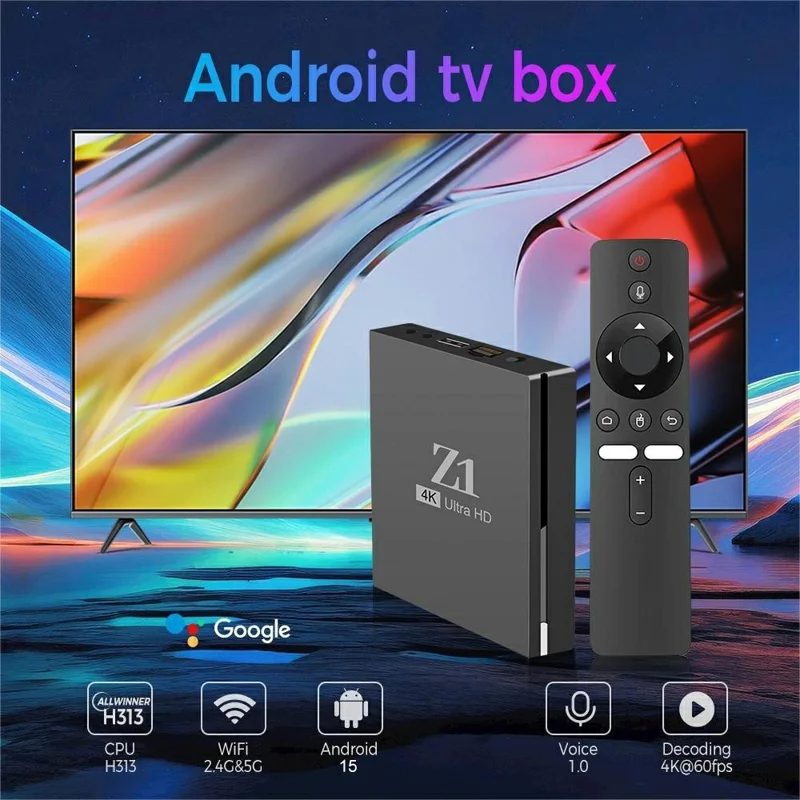 Z1 2+16GB Android 15.0 TV Box 4K Ultra HD WiFi 6 Dual Band 2.4G / 5G Bluetooth-compatible Voice Remote - Black