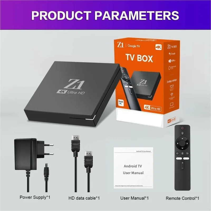 Z1 2+16GB Android 15.0 TV Box 4K Ultra HD WiFi 6 Dual Band 2.4G / 5G Bluetooth-compatible Voice Remote - Black