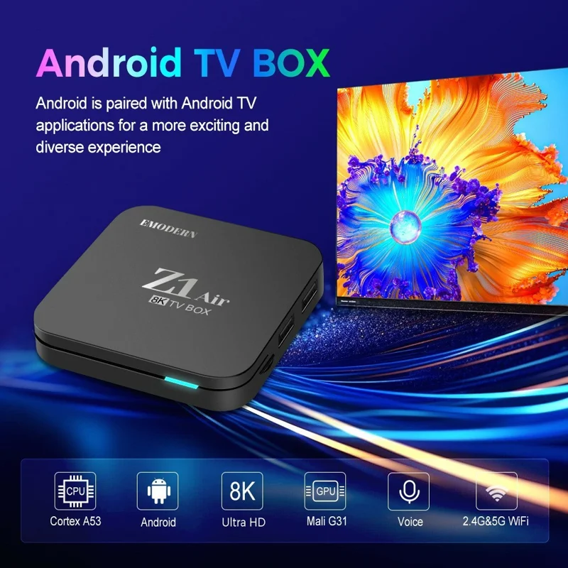 EMODERN Z1 AIR 2+8GB Android 15.0 TV Box 8K Ultra HD 2.4G / 5G WiFi Bluetooth Voice Remote - Nero