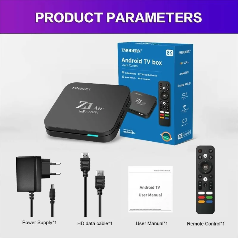 EMODERN Z1 AIR 2+16GB Android 15.0 TV Box 8K Ultra HD 2.4G / 5G WiFi Bluetooth Compatible Mando a Distancia por Voz - Negro