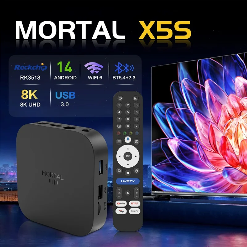 X5S 3518 Caixa Android TV RK3518 Chipset 8K HD WiFi 6 Bluetooth Voice Remote, 2+16GB - Tomada EU