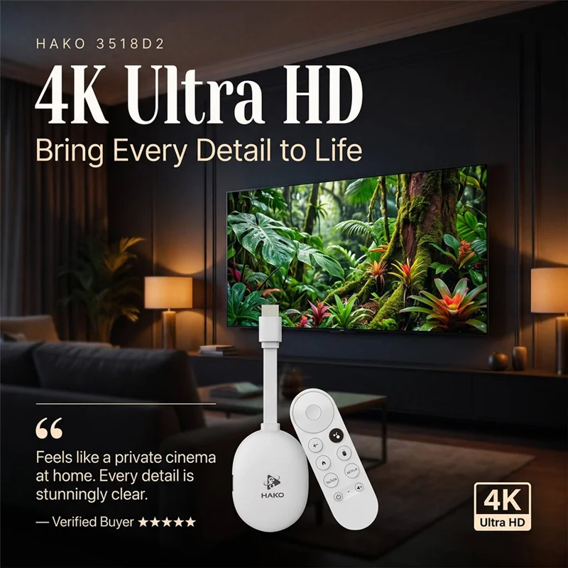 HAKO 2+16GB Android 14.0 TV Stick RK3518 Quad-Core 4K WiFi 6 Bluetooth-Compatible 5.4 with Remote - White