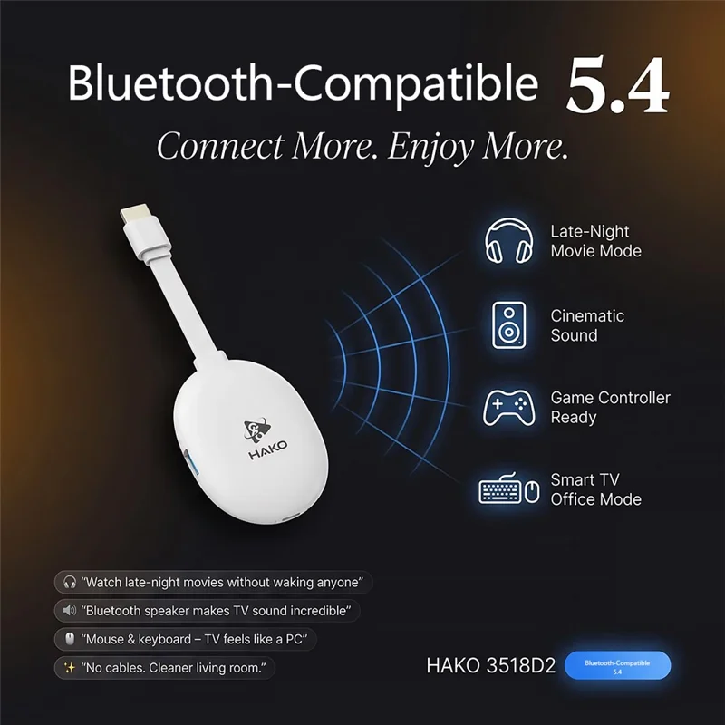 HAKO 2+16GB Android 14.0 TV Stick RK3518 Quad-Core 4K WiFi 6 Bluetooth-Compatible 5.4 with Remote - White