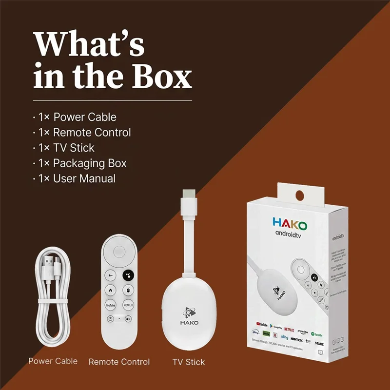 HAKO 2+16GB Android 14.0 TV Stick RK3518 Quad-Core 4K WiFi 6 Bluetooth-Compatible 5.4 with Remote - White