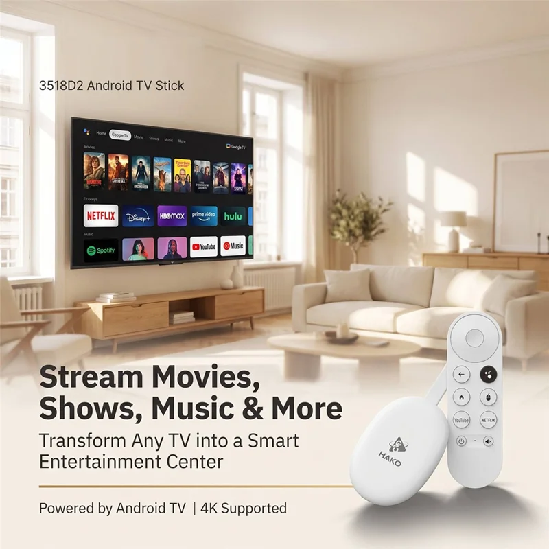 HAKO 2+16GB Android 14.0 TV Stick RK3518 Quad-Core 4K WiFi 6 Bluetooth-Compatible 5.4 with Remote - White