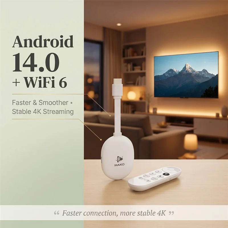 HAKO 2+16GB Android 14.0 TV Stick RK3518 Quad-Core 4K WiFi 6 Bluetooth-Compatible 5.4 with Remote - White