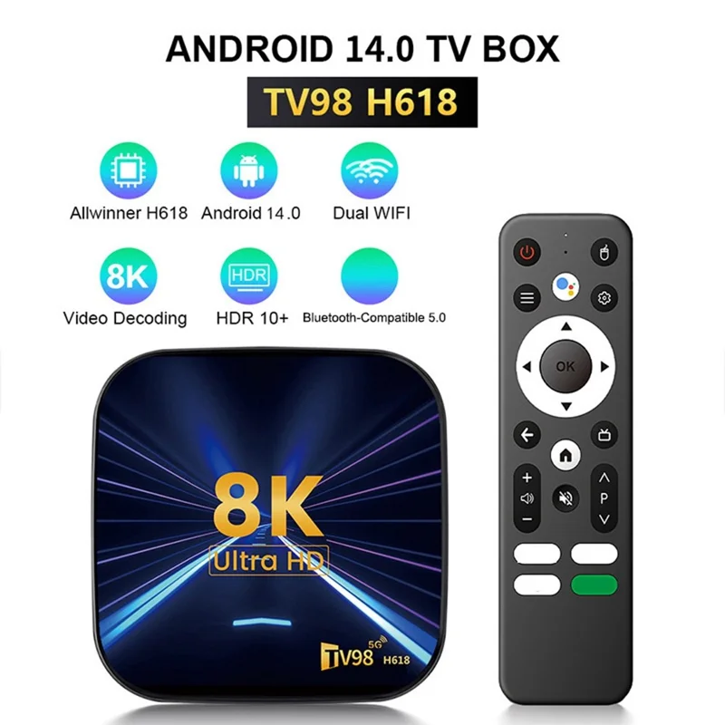 TV98 H618 Android 14 TV Box 2+16GB 8K UHD Dual WiFi Bluetooth-compatible 5.0 Smart Media Player - US Plug