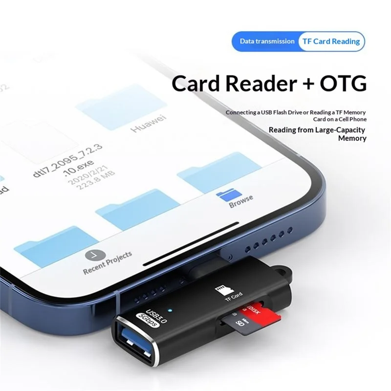 ADS-621 Type-C OTG 2 in 1 Adapter PVC + Aluminum Alloy 5Gbps USB 3.0 TF Card Reader - Black