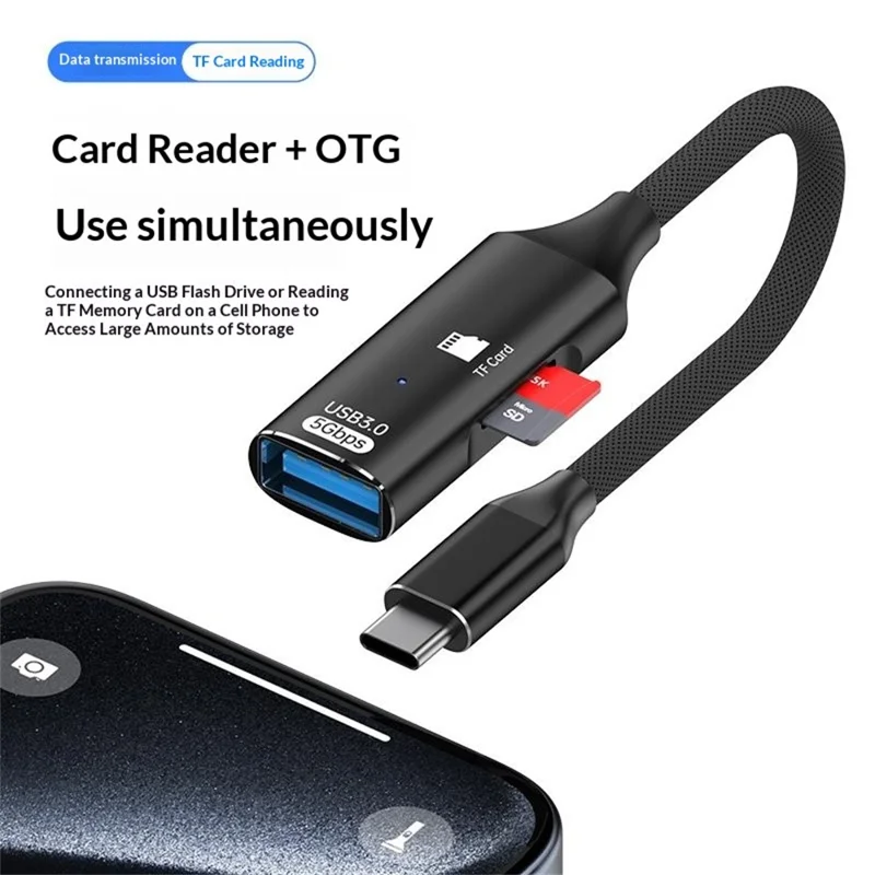 ADS-22 USB 3.0 5Gbps Type-C OTG Adapter TF Card Reader for Smartphones Tablets Laptops - Black