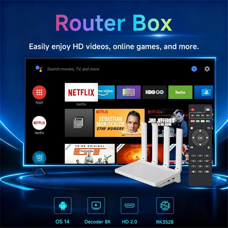 F9 Router Box RK3528 2+16GB Android 14 8K Decode 1200M Dual Band WiFi 4 Antenas 3 Modos WiFi 2 em 1 TV Box Router para Entretenimento Doméstico e Rede - Tomada UE