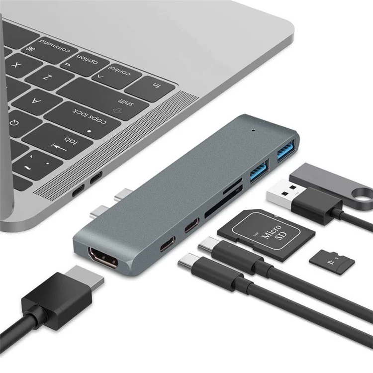 Dual USB-C Hub Type-C to Thunderbolt 3 + Type-C + 4K HDMI + USB 3.0 x 2 + SD + MicroSD Card Reader Adapter - Dark Grey