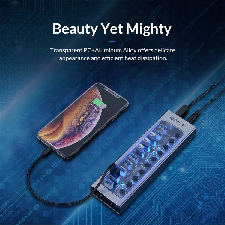 ORICO AT2U3-7AB 7 Ports USB3.0 5Gbps Data Transmission 5V/2.4A Phone Charging Dock Aluminum Alloy + PC USB Hub Splitter with Individual Switches - Prise AU