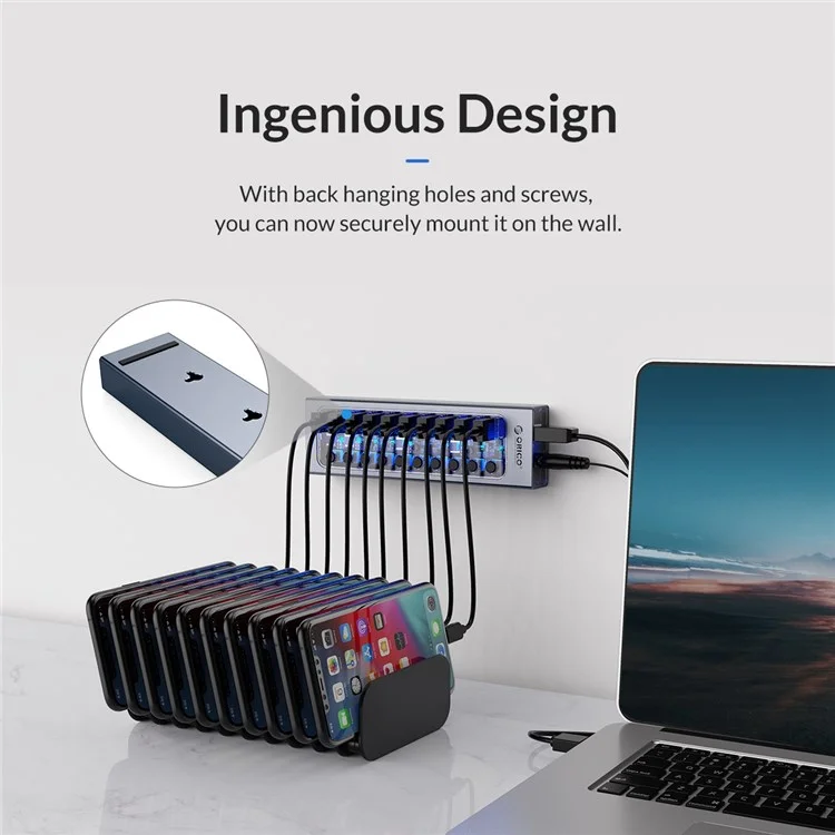 ORICO AT2U3-7AB 7 Ports USB3.0 5Gbps Data Transmission 5V/2.4A Phone Charging Dock Aluminum Alloy + PC USB Hub Splitter with Individual Switches - Prise AU
