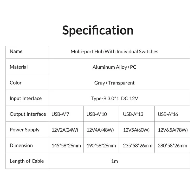 ORICO AT2U3-7AB 7 Ports USB3.0 5Gbps Data Transmission 5V/2.4A Phone Charging Dock Aluminum Alloy + PC USB Hub Splitter with Individual Switches - AU Plug